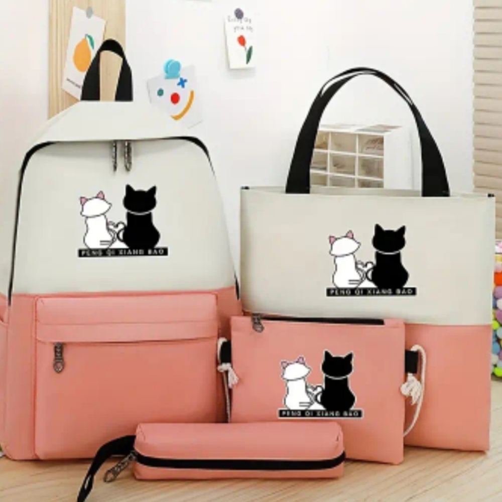 Color-contrast backpack set with a cute cartoon cat print. Pink or Blue